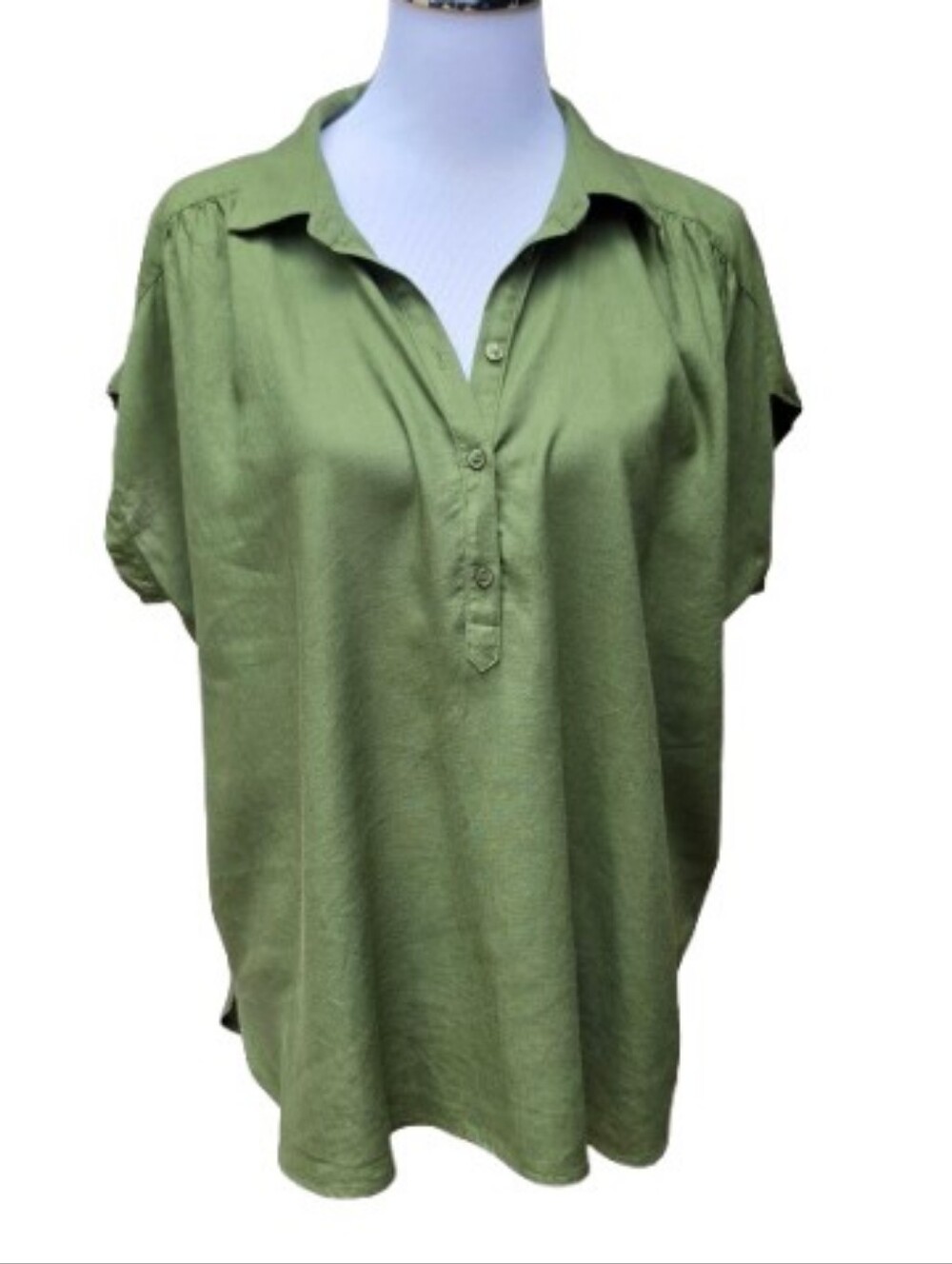 Ann Taylor Olive Green Linen Blend Blouse Collar 1/2 Button 865658 Relaxed